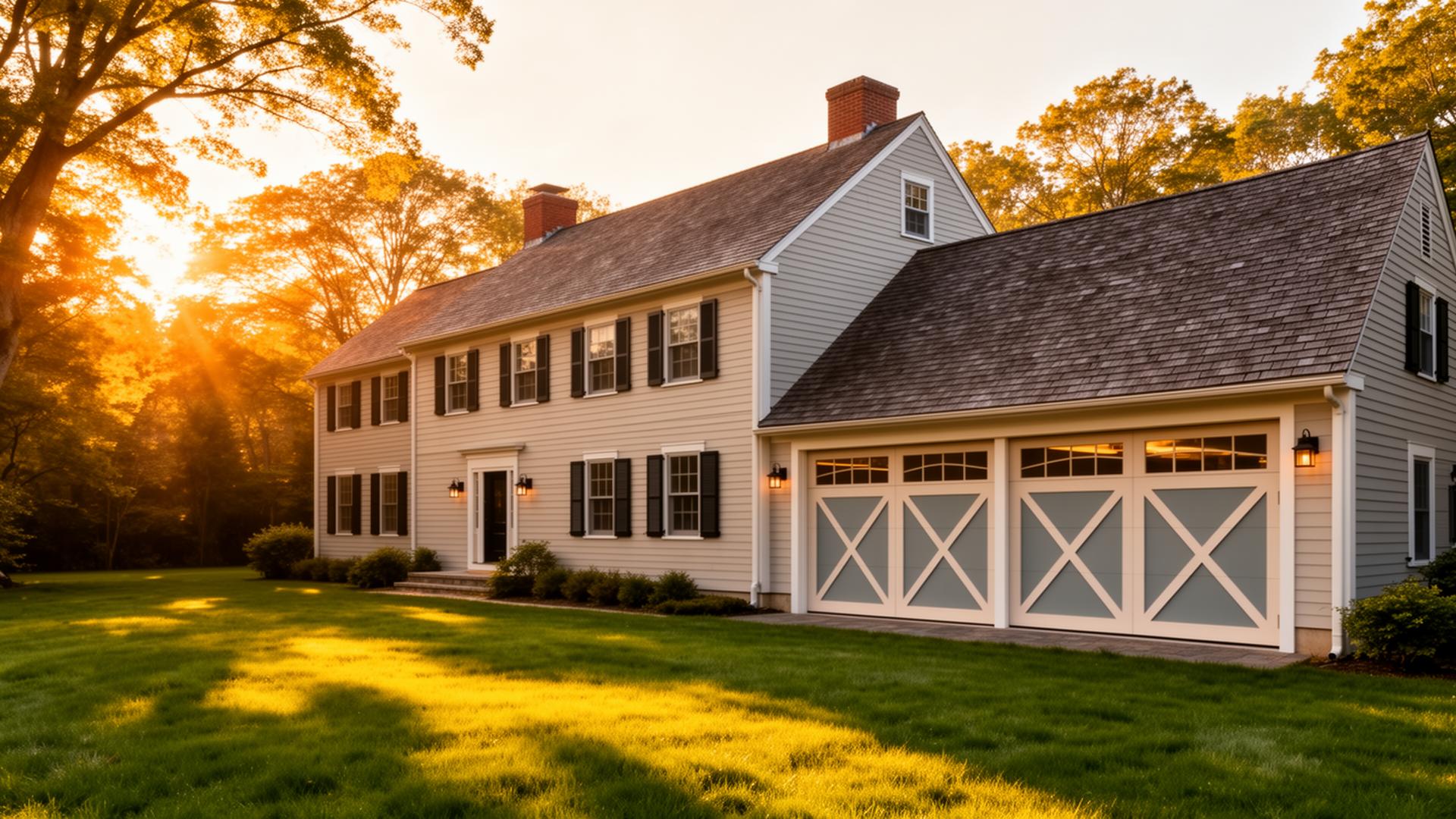 Beautiful colonial home with mid-century modern garage doors featuring geometric window patterns in North Fort Myers